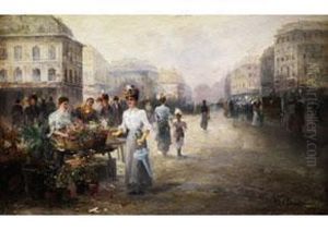 Blumenmarkt In Einer Breiten
Grossstadtstrasse Mit Kutschen, Passanten Und Einer Jungen Dame Am
Blumenstand by Emil Barbarini