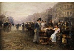 Diesiger Grossstadtboulevard Mit Marktstanden, Marktfrauen Und Eleganten Damen by Emil Barbarini