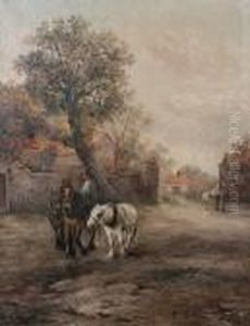 Plough Horses And Figures In A Village Street