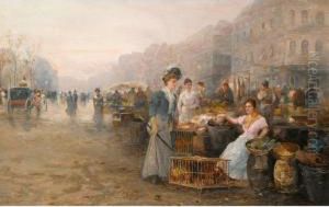 Figures On A Flower Market; A Busy Market (a Pair) by Emil Barbarini