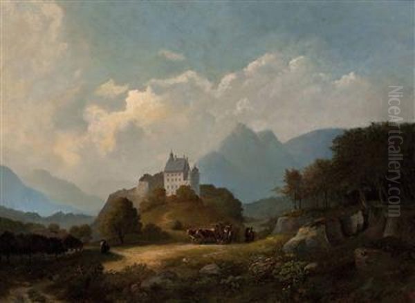"landliches Treiben Mit Rinderfuhrwerk Und Schlos Inalpenlandschaft" - view 1