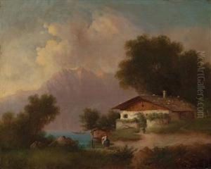 "bauernhaus An Alpensee Mit Figurenstaffage