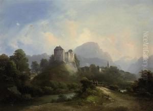 Figures On A Bridge Before A Forest Castle