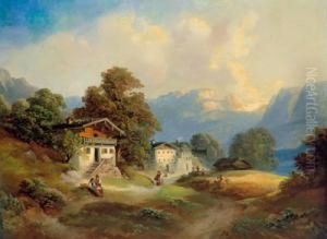 Paesaggio Montano Con Case Contadine E Figure Ornamentali