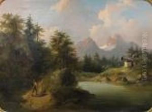 A Mountainous Landscape With A Figure Walkingon A Path Along A River
