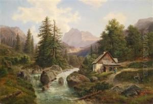 Waldlandschaft Mit Gebirgsbach Und Figurlicher Staffage