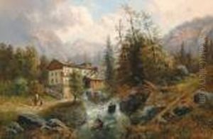 Gebirgige Landschaft Mit Bauernhaus Am Wildbach