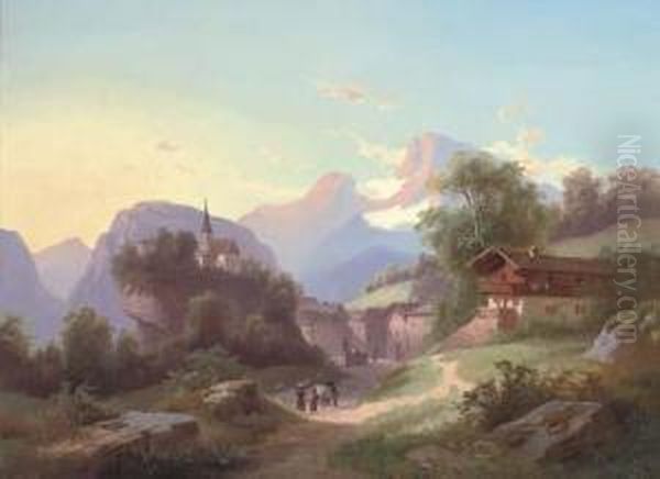 Travellers At An Alpine Hamlet - view 1