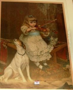 Girl Playing The Violin With Attendant Dog, Lithograph