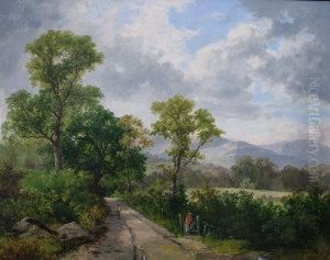 Figures On A Country Path With Woodland And Mountains Beyond by Thomas Stanley Barber