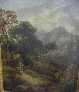 A Figure Crossing A Stile In A Mountainous Landscape by Thomas Stanley Barber