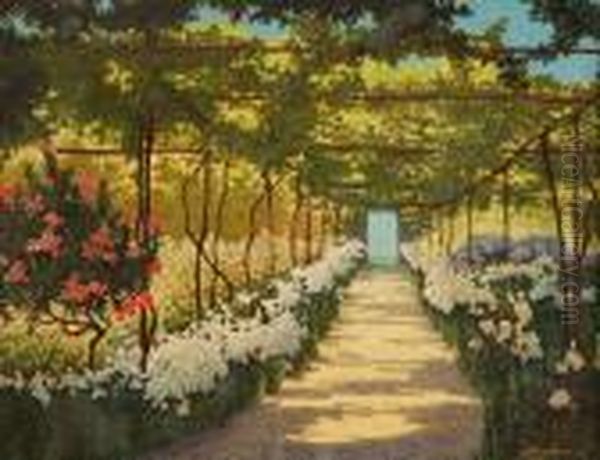"sotto La Pergola - Il Viale Dei
Gigli" 1927 Olio Su Tavola Firmato E Datato In Basso A Destra. In
Cornice - view 1
