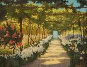 "sotto La Pergola - Il Viale Dei
 Gigli" 1927 Olio Su Tavola Firmato E Datato In Basso A Destra. In 
Cornice by Ernesto Barbero