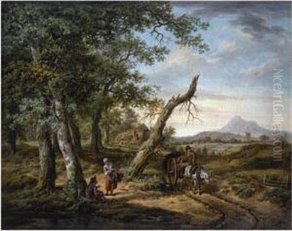 A Wooded, Hilly Landscape With A
Farmer On A Horse-drawn Cart On A Muddy Path, Peasants Resting Nearby, A
Farmhouse Beyond - view 1