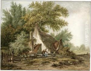 A Peasant Cottage Amongst Trees, With A Woman Doing Her Laundry by Pieter Bartholomeusz. Barbiers IV