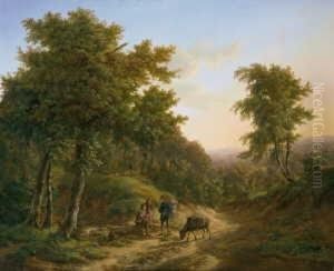 Mittelgebirgslandschaft Mit 
Rastenden Wanderern. Signiert Unten Links: P. Barbiers. Ol Auf Holz. H 
79; B 95 Cm.