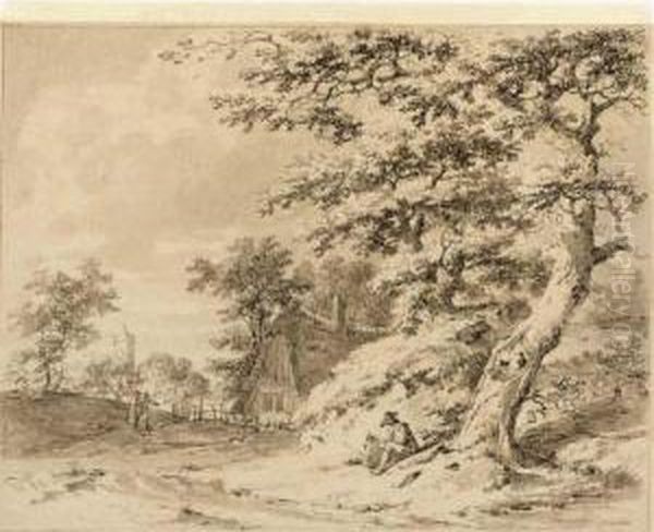 Landscape With A Peasant Seated By A Tree, A Cottage And A Church Behind - view 1