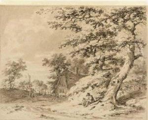 Landscape With A Peasant Seated By A Tree, A Cottage And A Church Behind by Pieter Bartholomeusz. Barbiers IV
