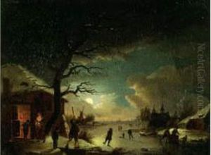 Scene De Patinage Sur Une Riviere Gelee Au Clair De Lune by Pieter Bartholomeusz. Barbiers IV