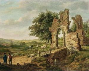 A Landscape With An Artist 
Conversing With A Shepherd, His Flock Grazing Nearby Amongst Ruins, A 
View Of A Hamlet Beyond