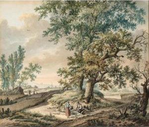 Rural Landscape With A Peasant 
Couple Resting By Large Trees, A Cornfield And A Church Behind by Pieter Bartholomeusz. Barbiers IV