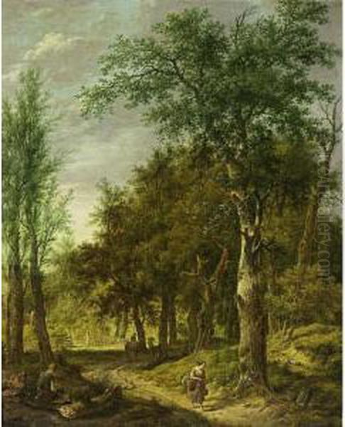A Wooded Landscape With A Woodcutter Resting On A Stump And Figures On A Path - view 1