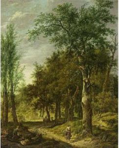 A Wooded Landscape With A Woodcutter Resting On A Stump And Figures On A Path