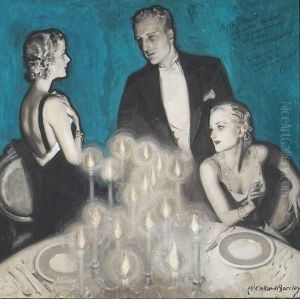 Story Illustration: Elegant Dining Room Scene, Standing Man And Two Women.