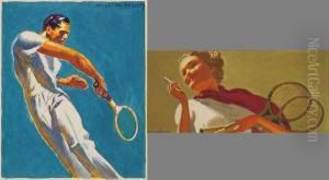 Two Comprehensive Sketches: 
Woman With Tennis Rackets Pauses For A Smoke With Man Hitting Backhand.