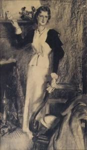 Woman Standing By Fireplace.