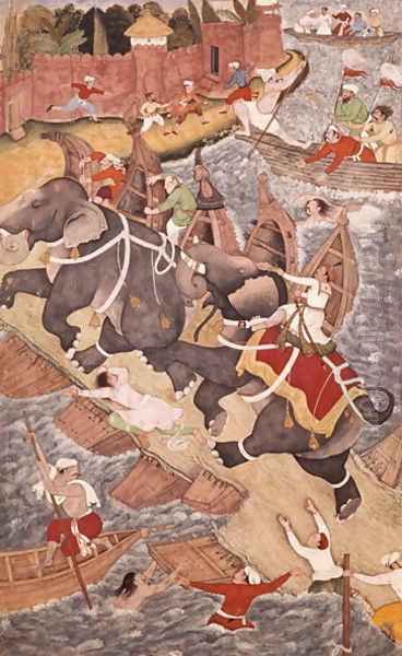 Akbar Tames the Savage Elephant, Hawa'i, Outside the Red Fort at Agra, miniature from the Akbarnama of Abul Fazl, c.1590 - view 1