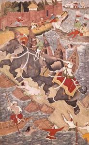 Akbar Tames the Savage Elephant, Hawa'i, Outside the Red Fort at Agra, miniature from the Akbarnama of Abul Fazl, c.1590 by Basawan and Chatai