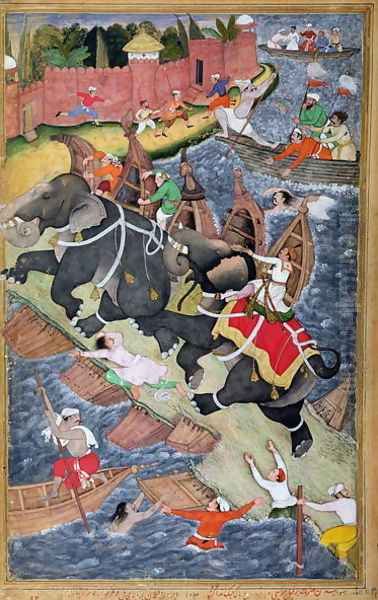 Akbar tames the Savage Elephant, Hawa'i, outside the Red Fort at Agra, miniature from the 'Akbarnama' of Abul Fazl, c.1590 - view 1