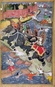 Akbar tames the Savage Elephant, Hawa'i, outside the Red Fort at Agra, miniature from the 'Akbarnama' of Abul Fazl, c.1590 by Basawan and Chatai