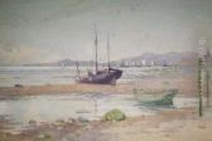 Sailing Boats On The Shore, North Wales by Ralph William Bardill
