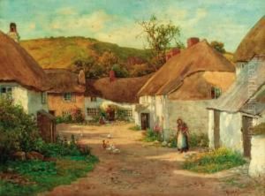 Figures And Geese Before Thatched Cottages