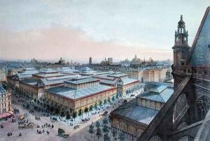 View of Les Halles in Paris taken from Saint Eustache upper gallery, c. 1870-80 by Felix Benoist
