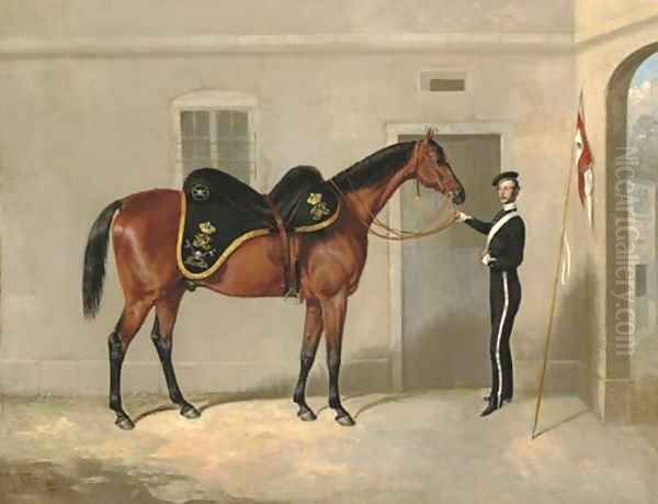 The Charger of Henry Cavendish Taylor, 17th Lancers, held by a trooper outside the Officers Stables at Nottingham - view 1
