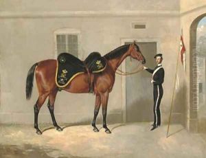 The Charger of Henry Cavendish Taylor, 17th Lancers, held by a trooper outside the Officers Stables at Nottingham by Thomas W. Bretland