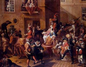 A Carnival Parade With Masked Figures by P Bergaigne