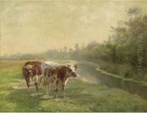 Cows In A Pasture By A Canal by Leon Barillot