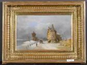Winterlandschaft Mit Burgartigem Haus Und Fuhrwerk. 1889.
