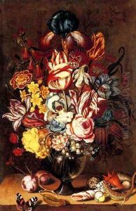 Tulips, peonies, narcissi and other flowers in a glass vase with plums, seashells, a butterfly and a lizard on a ledge by Ambrosius the Younger Bosschaert