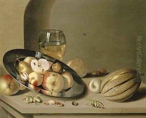 Apples, pears, peaches and walnuts on a pewter plate with fruit, a roemer, a melon, chestnuts and a grasshopper on a stone ledge in a niche by Ambrosius the Younger Bosschaert
