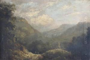 Figures On A Path In A Wooded Valley, A Town Beyond