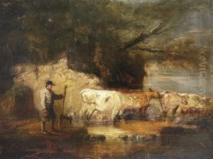 A Herdsman Droving Cattle And Sheep In A River Landscape by Benjamin Barker Of Bath