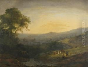 Rustics In An Extensive Landscape With A Distant Town, Possibly Bath by Benjamin Barker Of Bath