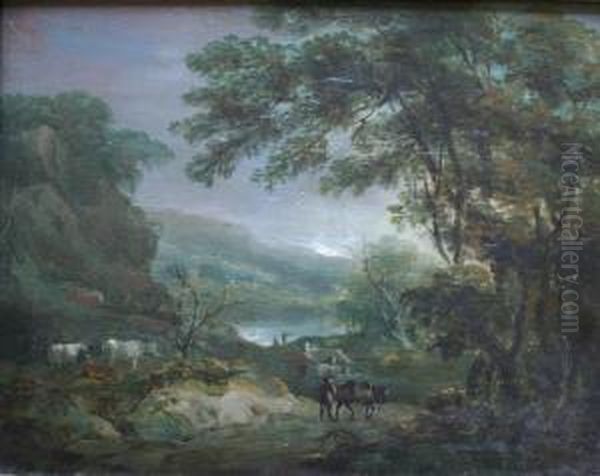 Attributed To Benjamin Barker Of
Bath A Wooded Lake Landscape With Cattle And A Traveller With A Horse
On A Lane Oil On Panel 23.5 X 29.5cm - view 1