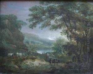 Attributed To Benjamin Barker Of
Bath A Wooded Lake Landscape With Cattle And A Traveller With A Horse
On A Lane Oil On Panel 23.5 X 29.5cm by Benjamin Barker Of Bath