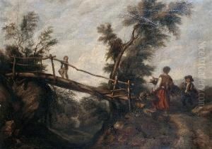 A Young Peasant Woman Collecting Firewood On A Country Path, A Wooden Bridge Beyond by Benjamin Barker Of Bath